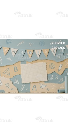 Tło fotograficzne szkolne – beżowo-błękitny kolaż z motywami edukacyjnymi | 3680